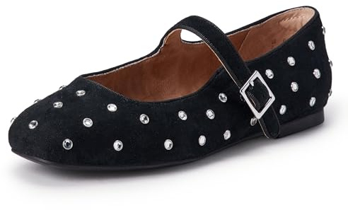 Amazon Essentials Women's Mary Jane Ballet Flat, Black Faux Suede/Crystals, 7