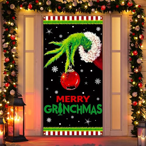 SilverChry 90x180 cm Cortina Puerta Navideña Grinch, Decoración Navidad Puerta Entrada, Funda Elástica Navideña Puerta Principal, Grinch Decoraciones Navidad (Negro)