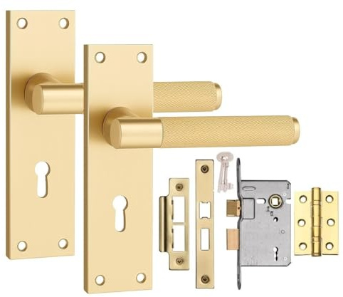 Golden Grace T-Bar Knurled Lock Door Handle, Satin Brushed Brass