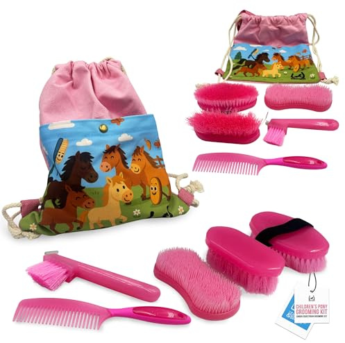 Children's Horse Grooming Kit with Bag - Pony Gift Set Includes Curry Comb, Hoof Pick, Brushes and Comb - Available in Blue or Pink - Ideal Kids Grooming Kit Horse Present Gift - Pink