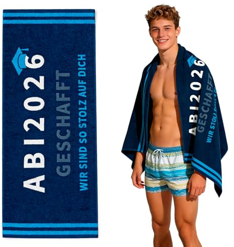 Scinzene Abitur 2026 Geschenke Handtuch 80x160 cm, abi 2026 Geschenk Idee und Bestandene Prüfung, Strandtuch mit Doktorhut, geschenk abitur junge, Stolz auf Dich Deko für Absolventen Blau