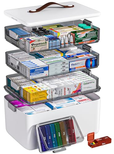 MOPUP Contenitore per farmaci a quattro strati con maniglia per il trasporto, organizer multifunzionale per farmacia domestica, grande capacità (37 x 25 x 32 cm)