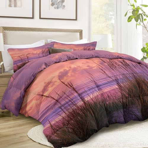 Bettdecke 155x220 cm 4 Jahreszeiten, Naturlandschaft Rosa Sonnenaufgang Strandgras Wende Steppdecke Rosa Warme und Weiche Ganzjahresdecke Bettdecken - Waschbar Allergiker Zudecke Vierjahreszeiten