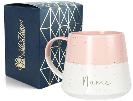 Personalised Ceramic Coffee Mug with Name - 370ml Stoneware Belly Mug - Custom Engraved Gift Boxed Cup for Tea & Coffee - Birthday Christmas Gift for Her Him - Pastel Pink