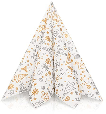 GRUBly® Airlaid Serviette Christmas Gold & Silber, 40 x 40 cm, 1/4 Falz, 50 Stück, festliche Weihnachtsservietten mit Geschenk-, Eiskristall- und Ilexmotiven auf Weiß