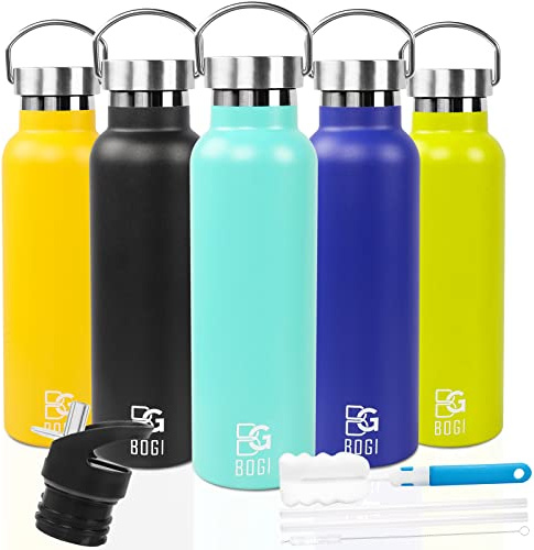 BOGI 600ml Insulated Water Bottles with Straw,BPA Free with 2Lids | Leakproof Reusable Stainless Steel Water Bottle Metal Water Bottles for Sports Gym Water Bottle for Kids Girls Boys-Aqual