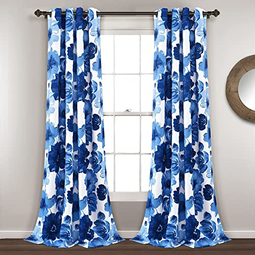 Lush Decor Leah Room - Coppia di tende oscuranti per finestra, motivo floreale, con occhielli isolanti, 132 x 241,3 cm (larghezza x lunghezza), blu navy e bianco