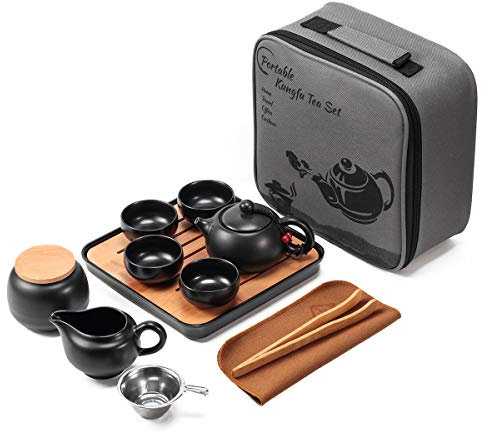 Juego de tazas de té chino con bandeja, tetera de porcelana con infusor de tetera de cerámica de viaje, bolsa de regalo portátil todo en uno para picnic al aire libre, hotel de negocios
