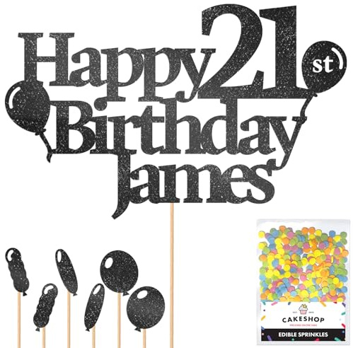 Personalised Happy Birthday Glitter Cake Topper with Balloons - Black Any Name Age Glitter Cake Decoration and Sprinkles - Happy Birthday Decorations - Personalised Toppers for Cakes by Cakeshop