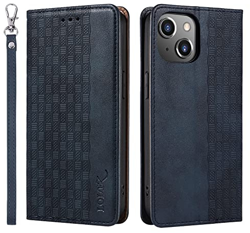 LOLFZ Case for iPhone 14, Leather Flip Wallet Case Card Slots Kickstand Wrist Strap Protective Magnetic Phone Case Cover for Apple iPhone 14 - Blue