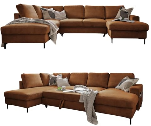 MIUFORM Lofty Lilly, 8 Sitzer Ecksofa mit Schlaffunktion, Links, Ziegelrot | Sofa mit Schlaffunktion, Schlafsofa mit Bettkasten, Wohnlandschaft U Form, 303x197x84cm, Couch mit Schlaffunktion, Sofa Bed