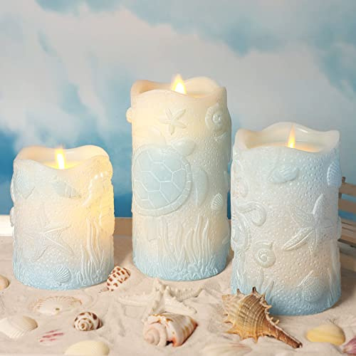 Petristrike Blue Led Candles with Remote,Flickering Flameless Timer Candles Battery Operated, Beach Theme Decor Candle Lights for Home, Bathroom, Wedding, Party