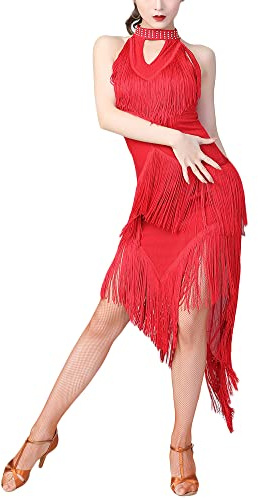 Latina dansklänningar, kostymer – latindanser, valsar, tango, swingdans, fest, salsa, tofsar, dansklänning för kvinnor, röd, M