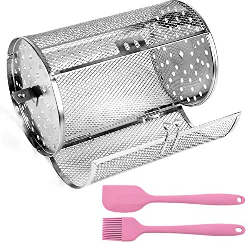 Deuson Rotisserie Korb 360 ° Rotary Edelstahl Rotisserie Käfig mit Bürstenspatel beweglicher Tür Rotisserie Grill Röster Waschbarer Grill Röster Drum Luft Freneuung Grillkorb für Grill 12 × 18 cm