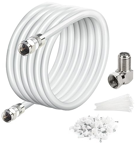 Elecan 30 Ft RG6 Coaxial Coax Cable Connectors Set, Quad Shielded High-Speed Internet 3 GHZ, Broadband Digital TV Aerial, Soft Satellite Cable Extension Double Rubber O-Ring+ Adapter+Ties+Clips-White