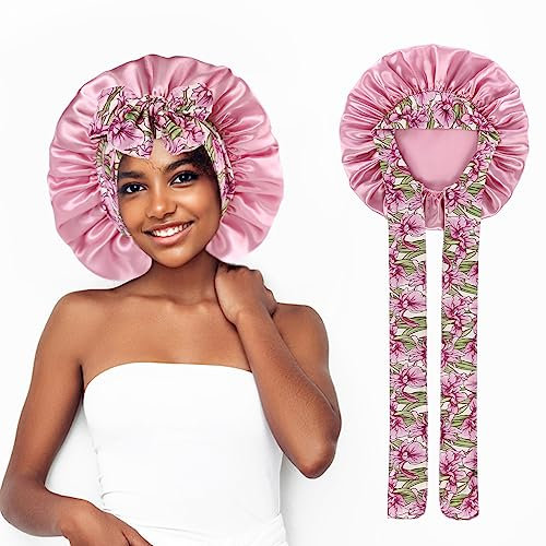 Ouligay Satin Sleep Cap Hair Bonnet Hair Wrap for Sleeping Satin Hair Bonnets Shower Caps for Women Shower Cap with Band for Curly Hair Sleeping(Pink)