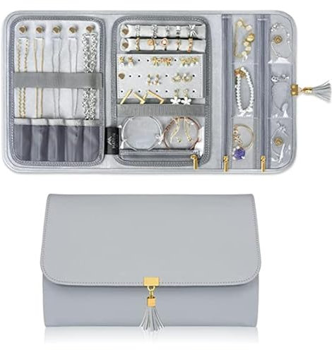 Hileyu Rotolo Portagioielli,Portagioie da Viaggio,Rotolo per Gioielli Borsa,Porta Gioielli,P orta Gioielli da Viaggio,Organizer Gioielli da Viaggio per Anelli Orecchini Collane Bracciali (Grigio)