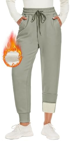 CAMPSNAIL Warme Jogginghose Damen Gefütterte mit 2 Taschen Kordelzug Winter Fleece High Waist Lange Sportleggins Trainingshose Freizeithose Sweathose Salbeigrün M