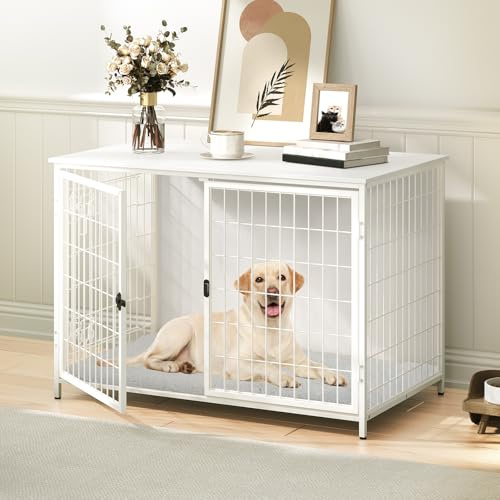 MAHANCRIS Hundekäfig Möbel, 100 cm Hundebox mit Kissen, 2 Tür, Doppeltür, Holzwerkstoff, für Kleine/Mittelgroße/Große Hunde, 100 x 60 x 70 cm, Hundekäfig für Zuhause, Weiß ADCBW10701