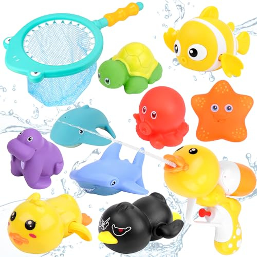 Hysagtek 11PCS Bath Play Set, Floating Water Toys with Wind-Up Swimmers, Rubber Squirters, Fishing Net & Storage Bag, Non-Toxic Water Play Kit for Bathtub Pool Beach