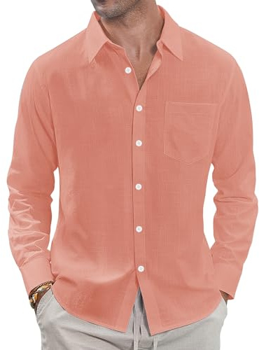 J.VER Men's Linen Shirts Casual Button Down Long Sleeve Shirt Solid Spread Collar Summer Beach Shirts with Pocket, Peach, 3XL