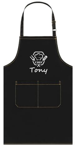 NIBESSER Personalisierte Chefkoch Kochschürze eigener Name Grillschürze verstellbar mit Taschen ideal als Geschenk Schürze für Männer Frauen