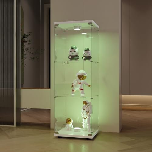 BPKADHY Glasvitrine Standvitrine,3 Lagen Glas Holz Vitrine Sammlervitrine Vitrinenschrank,1 Tür mit LED Und Schloss Glasvitrine Stehend Für Wohnzimmer Schlafzimmer Büro Weiß Standregal aus Glas