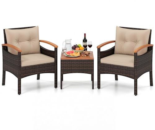 COSTWAY Balkonmöbel Set, Rattan Gartenmöbel Set 3 teilig mit 2 Stühle und Tisch aus Akazienholz, Balkonmöbel Kleiner Balkon, Gartenlounge 2 Personen inkl. Kissen, für Garten Terrassen Balkon (Braun)