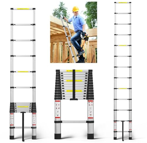 Teleskopleiter 3.8M,Mehrzweckleiter Alu Teleskopleiter，Tragfähigkeit 150kg/330lbs，Teleskopleiter klappleiter，Leicht und rutschfest，Ausziehbar Aluleiter,Für Camping, Dachklettern, Bauarbeiten, Silber