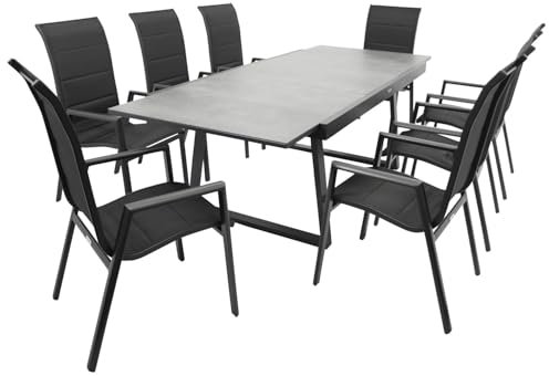 DEGAMO Gartenset Garnitur Reims 9-teilig (8X Stapelsessel Hochlehner, 1x Ausziehtisch 180/240x100), Alu anthrazit + Tischplatte Glas in Keramikoptik dunkelgrau
