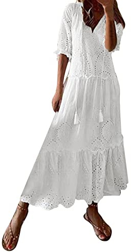 Damen Sommerkleid Lang Maxikleid Boho Volantkleider Sommer Kleider V Ausschnitte Freizeitkleid Halben Cut Out Strandkleid Weiß A Linien Volant-Kleid mit Kordelzug Bequem Maxi Kleid
