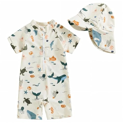 JiAmy Costume da Bagno per Bambino con Cappellino da Sole a Maniche Corte, con Protezione Solare UPF 50+, con Chiusura a Zip, Tuta da Bagno da Spiaggia, Taglia 6M-5Y, Beige, 1-2T