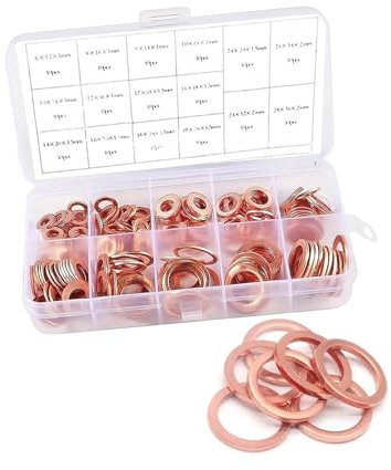 Zikefest 200 rondelle in rame, tappo di scarico dell'olio per rondella schiacciante, kit assortito di rondelle di tenuta metriche in rame, M5 M6 M8 M10 M12 M14 per idraulici, automobilistici, moto