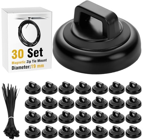 Leinuosen 30 Set Magnetic Zip Tie Mount and Nylon Cable Ties, 19 mm Multipurpose Wire Cable Holder Mount Wire Clips Management Electrical Organization Supplies (Black)