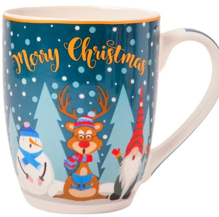Christmas Gonk Mug 350ml Festive Ceramic Tea & Coffee Cup with Santa, Reindeer & Snowman Designs Gift Mug for Winter Hot Drinks (H 11cmx W 5.5cm) Assorted Merry Christmas Prints (Reindeer)