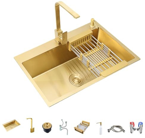 Fregadero de acero inoxidable bajo encimera en dorado cepillado con grifo de agua fría y caliente, escurridor y dispensador de jabón(60 * 45cm/23.6 * 17.7in)