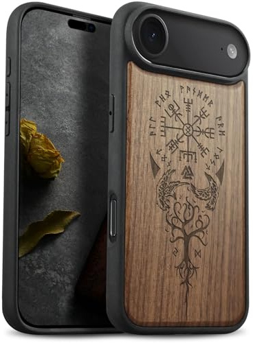 Carveit Étui en Bois pour iPhone 17 Air, (Noyer-Viking Compas) | Bois Étui de Magnétique Téléphone Antichoc TPU, Protection Case Compatible Magsafe pour iPhone Air Coque