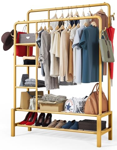 Klass Home Collection Heavy Duty Clothes Rail, 120KG Gold Metal Rack With Double Hanging Clothing Rail, Shoe Rack, Storage Shelves & 4 Coat Hooks, Wardrobe Clothes Rails For Bedroom Office Shop