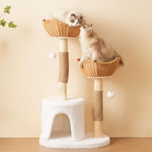 Merax Arbre à chat en bois massif de 108 cm, avec 2 paniers et grotte pour chat, avec troncs en sisal naturel, balle en peluche, coussin épais, durable pour grands chats et chatons