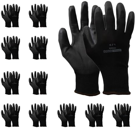 Stahlmaxx 12 Paar Arbeitshandschuhe Gr. L 9 KFZ Mechaniker Handschuhe | Montagehandschuhe Polyester PU-Beschichtung