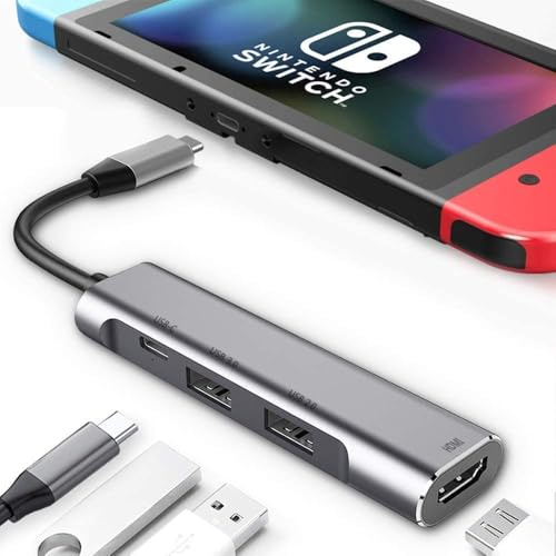 RREAKA Switch Dock for Nintendo Switch 2/1/OLED, 4 in 1 TV Adapter with 4K60Hz HDMI, USB 3.0 Port, Type C 100W Charging, Portable Switch Docking Station Travel-Gray 2nd version