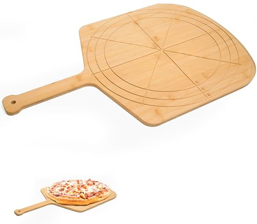 Loftern Wooden Pizza Peel 14 Inch Board with Engraved Sizes - Multi-Purpose Bamboo Pizza Cutting Board, Wood Pizza Peel, Pizza Spatula Paddle, and Serving Board with Size and Cutting Guide