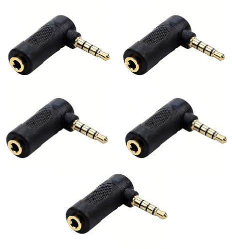 5 Stück Audio Adapter, 3,5mm Klinkenadapter 90° 4-polig TRRS Stecker auf Buchse, 90 Grad Audio Adapter vergoldet, Kopfhörer Verlängerung für Smartphone Tablet Laptop Headset mit Mikrofon Schwarz
