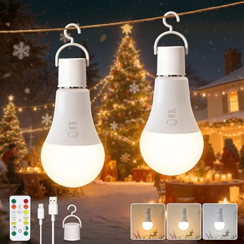 Ketom Lot de 2 Ampoules Rechargeables E27, Contrôle des Boutons | Ampoule Sans Fil E27 avec Télécommande, 3 Températures de Couleur, 7W Dimmable, Ampoule LED Rechargeable USB avec Minuterie