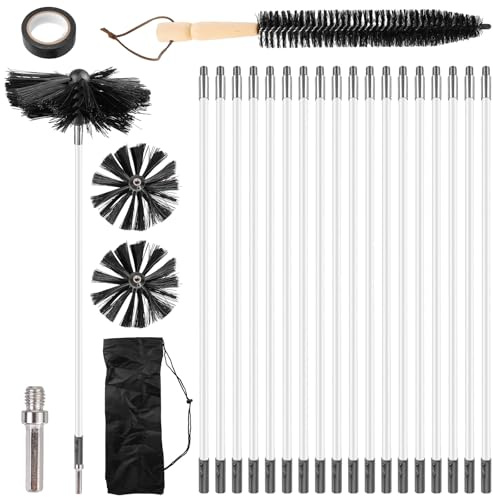 Juego de 24 varillas de cepillo de chimenea con 18 varillas flexibles de 410 mm + 2 cabezales de cepillo de 150 mm + 1 cepillo largo de madera + accesorios, kit de cepillo de limpieza para chimenea