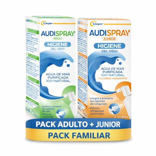 PACK FAMILIAR AUDISPRAY Adult + Junior para la Higiene del Oído, 100% Agua de Mar Purificada, Limpia y Previene la formación de tapones de cera 70ml
