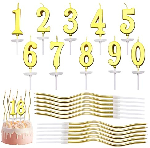 22 Piezas Doradas Velas Cumpleaños Numeros, para Bodas Fiestas y Decoración | Velas Numéricas para Tartas Número 0-9, Velas Doradas Largas, Birthdays Glitter Number Candle