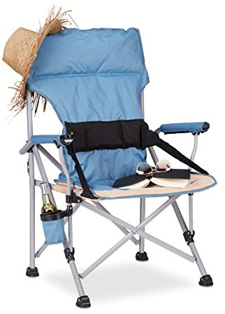 Relaxdays Campingstuhl klappbar, Anglerstuhl faltbar, Campingsessel mit Flaschenhalter, HxBxT: 102 x 66 x 61 cm, blau