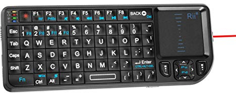 Rii Mini Wireless Keyboard with TouchpadQWERTY, Support Bluetooth2.4G Connection, Built-in Laser Pointer, Portable Backlit Keyboard with Remote Control, X1-BT Black