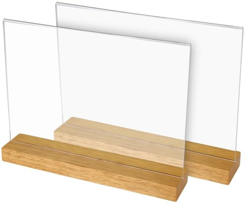HMF 46945 Présentoir de table en acrylique avec pied en bois | Porte-affiche DIN A4 format horizontal | Présentoir de buffet apéritif transparent | 2 pièces